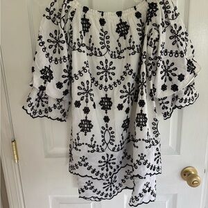 NWT Zara Black and White Bardot Embroidered Off-Shoulder Dress